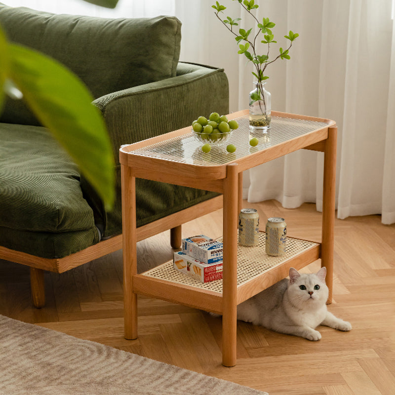 Living Room Corner Table Double Tier Rectangular Solid Wood with Shelf End Table