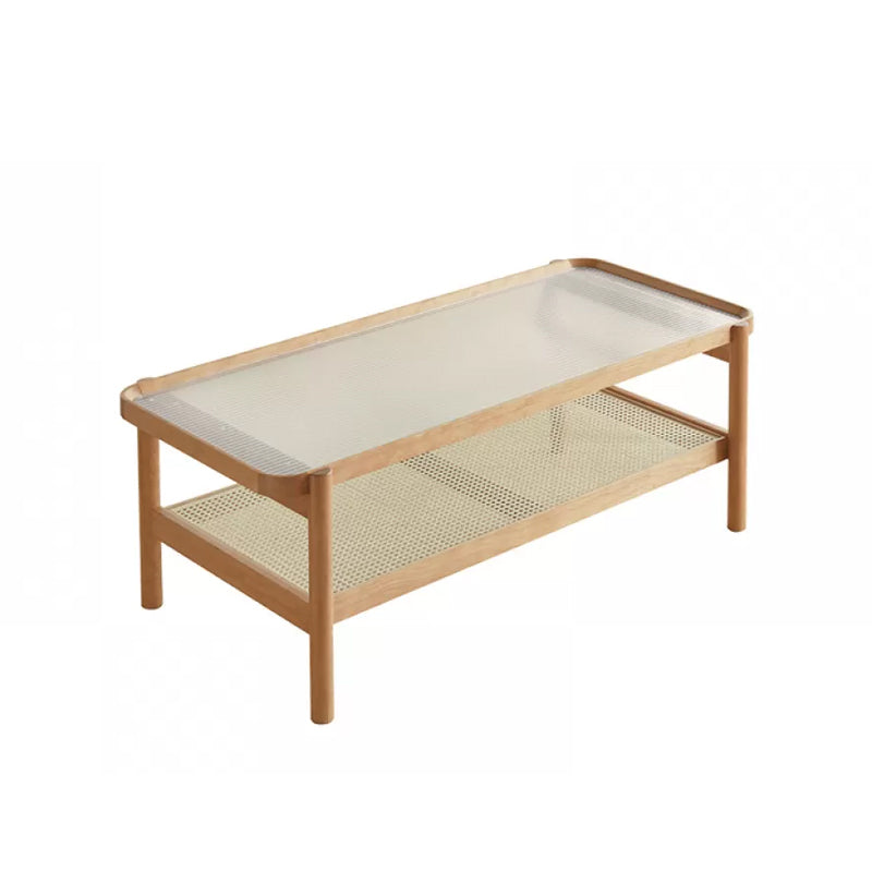 Living Room Corner Table Double Tier Rectangular Solid Wood with Shelf End Table