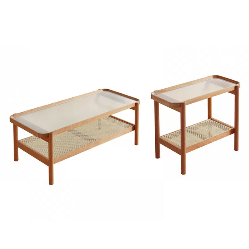 Living Room Corner Table Double Tier Rectangular Solid Wood with Shelf End Table