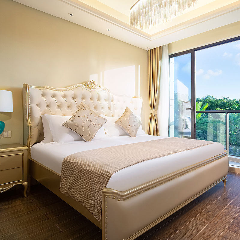 Contemporary White Bed with Upholstered Headboard in Victorian Style Leather Wood