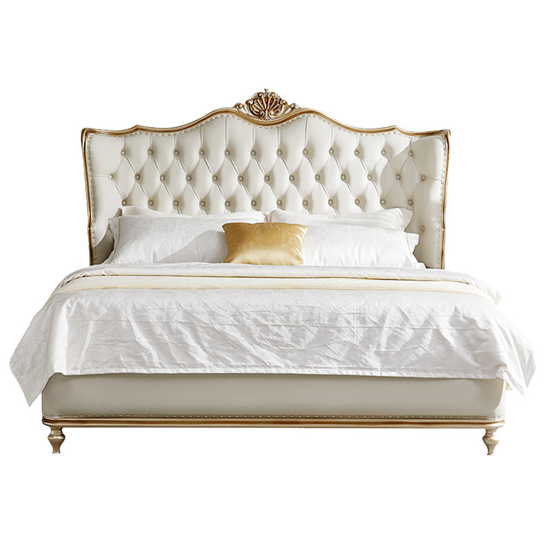 Contemporary White Bed with Upholstered Headboard in Victorian Style Leather Wood