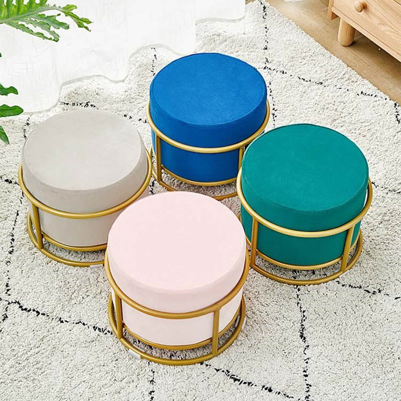 Luxury Ottoman Velvet Upholstered Solid Color Round Ottoman with Metal Legs