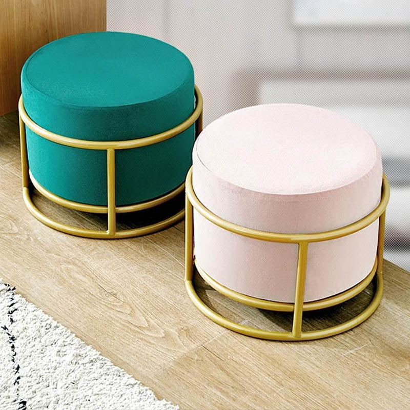 Luxury Ottoman Velvet Upholstered Solid Color Round Ottoman with Metal Legs