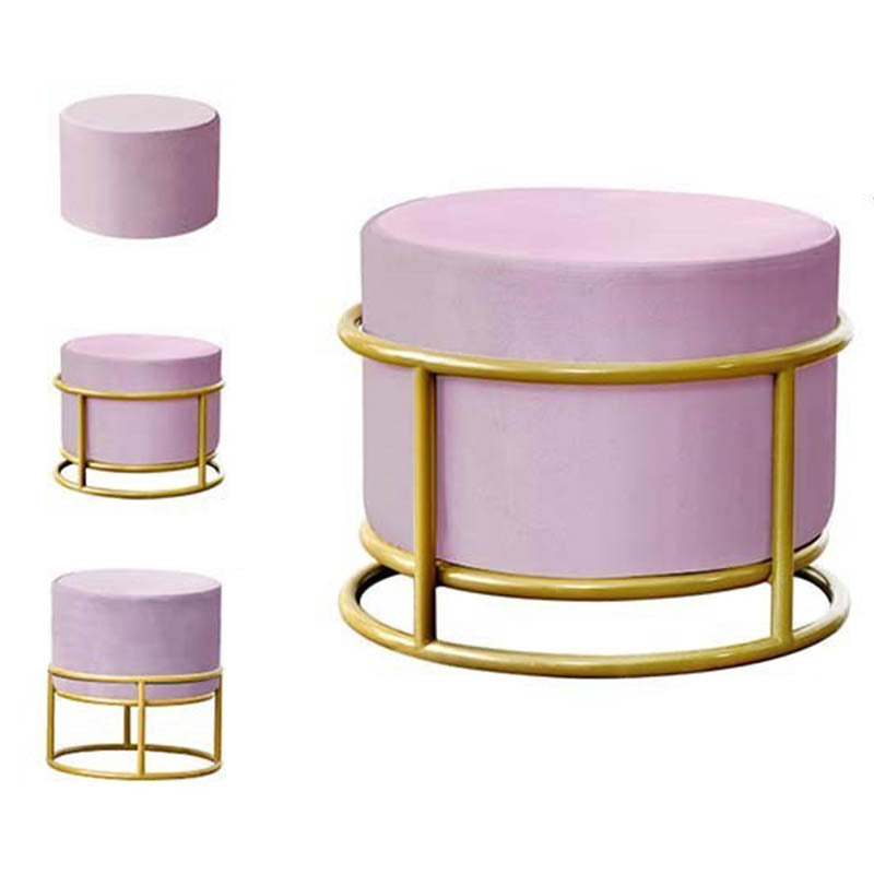 Luxury Ottoman Velvet Upholstered Solid Color Round Ottoman with Metal Legs