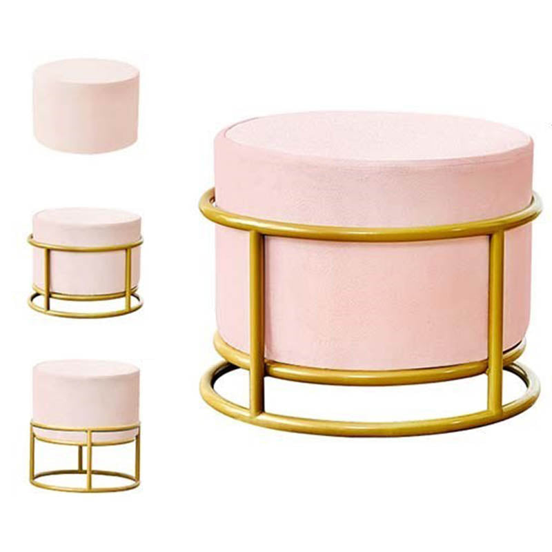 Luxury Ottoman Velvet Upholstered Solid Color Round Ottoman with Metal Legs