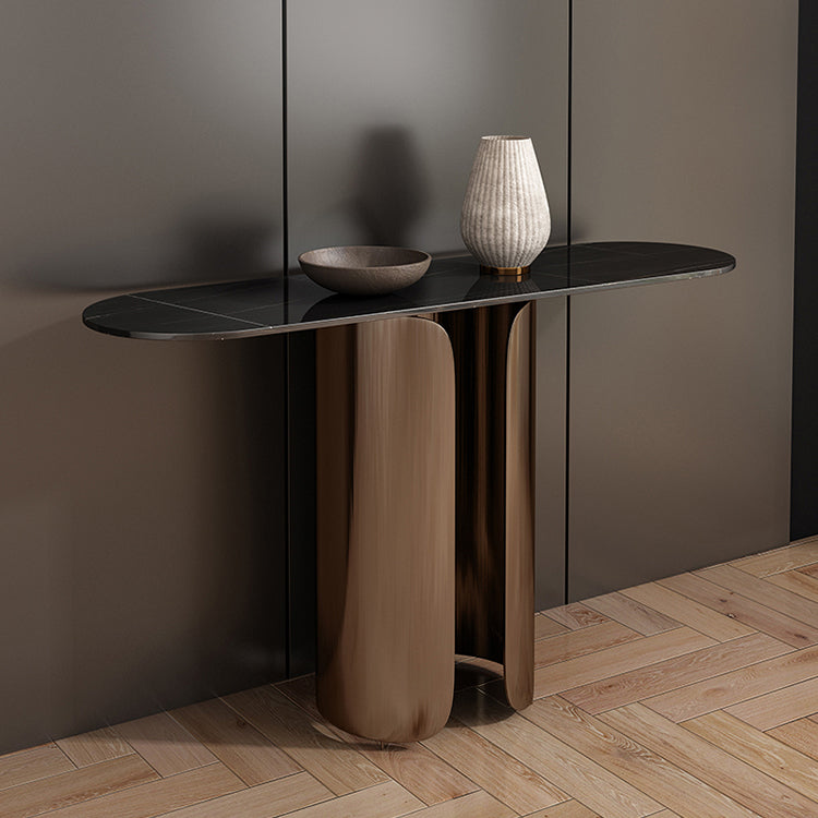 16 Inch Wide Glam Console Table Oval Stone Accent Table for Hall