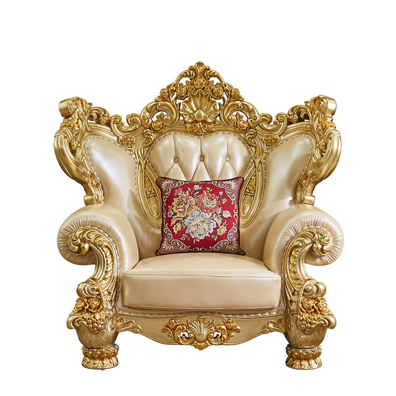Gold Genuine Leather Sofa Tufted Split-Back Rolled Arm Sofa for Living Room