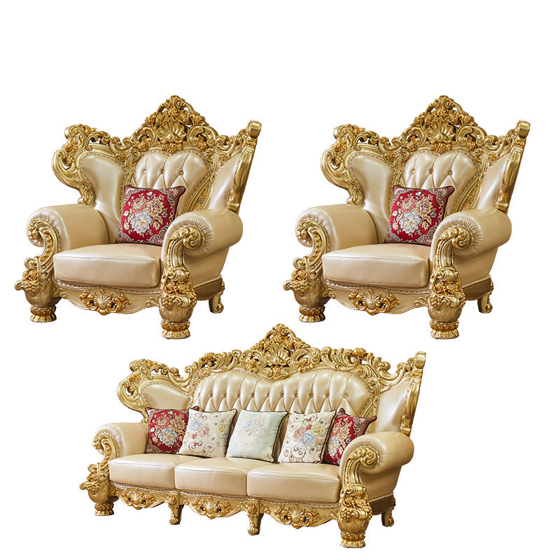 Gold Genuine Leather Sofa Tufted Split-Back Rolled Arm Sofa for Living Room