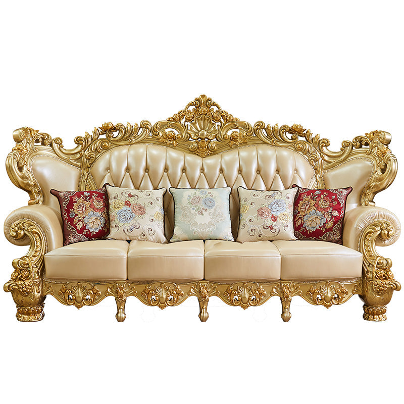 Gold Genuine Leather Sofa Tufted Split-Back Rolled Arm Sofa for Living Room
