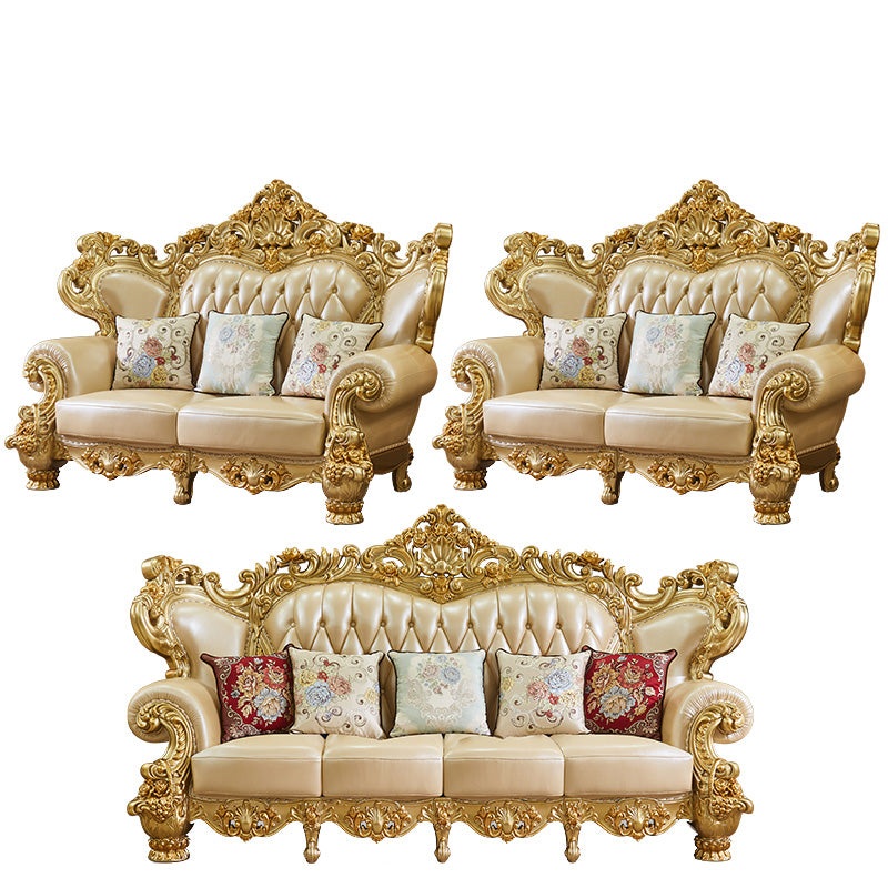 Gold Genuine Leather Sofa Tufted Split-Back Rolled Arm Sofa for Living Room