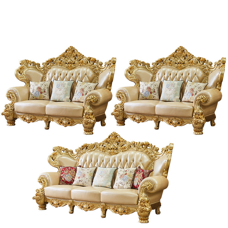 Gold Genuine Leather Sofa Tufted Split-Back Rolled Arm Sofa for Living Room