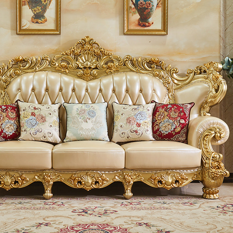 Gold Genuine Leather Sofa Tufted Split-Back Rolled Arm Sofa for Living Room