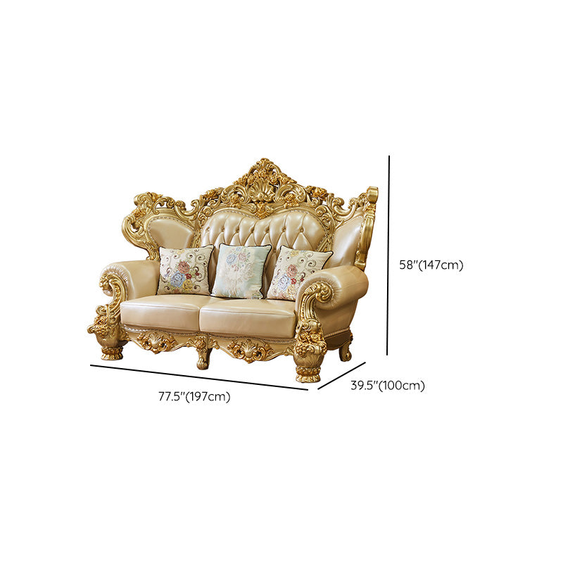 Gold Genuine Leather Sofa Tufted Split-Back Rolled Arm Sofa for Living Room