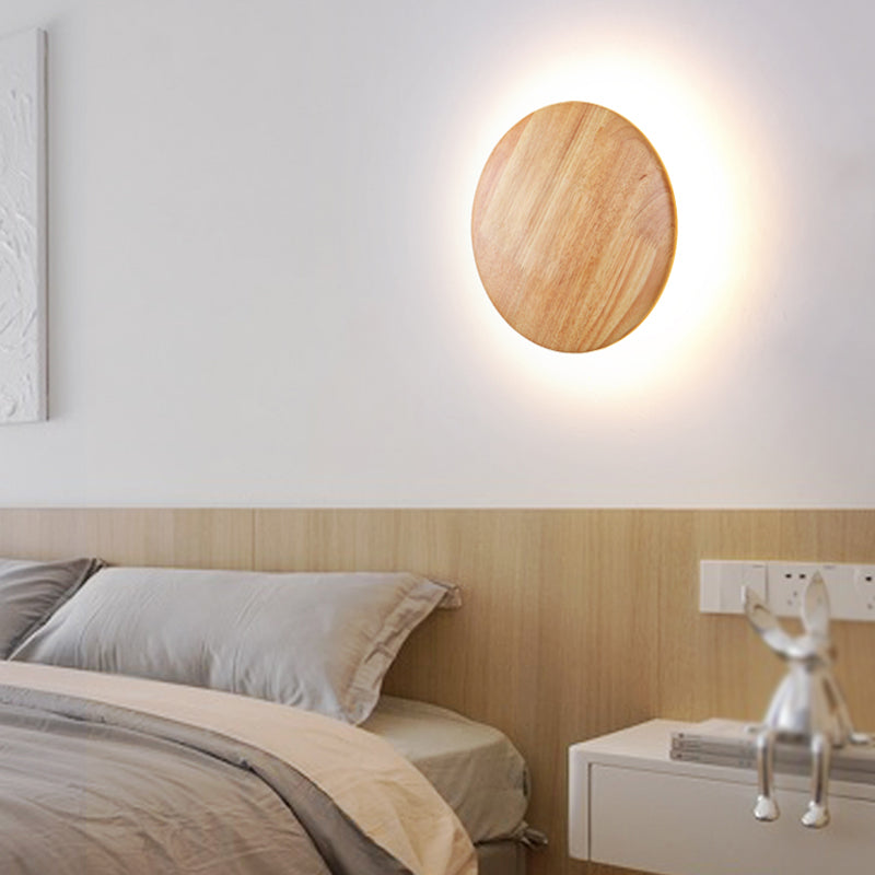 Wooden Wall Sconce Lighting Modern Round Disc Shape Wall Lamp for Bedroom