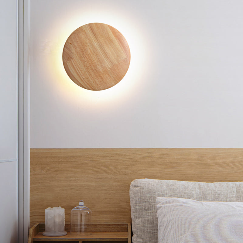 Wooden Wall Sconce Lighting Modern Round Disc Shape Wall Lamp for Bedroom
