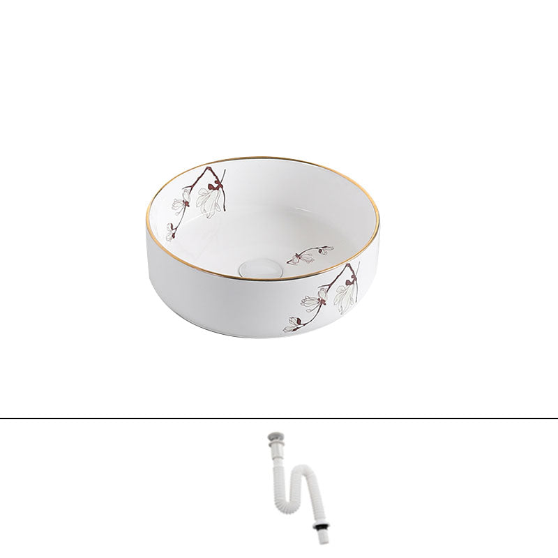 Traditional Vessel Sink Round Porcelain with Faucet Vessel Bathroom Sink