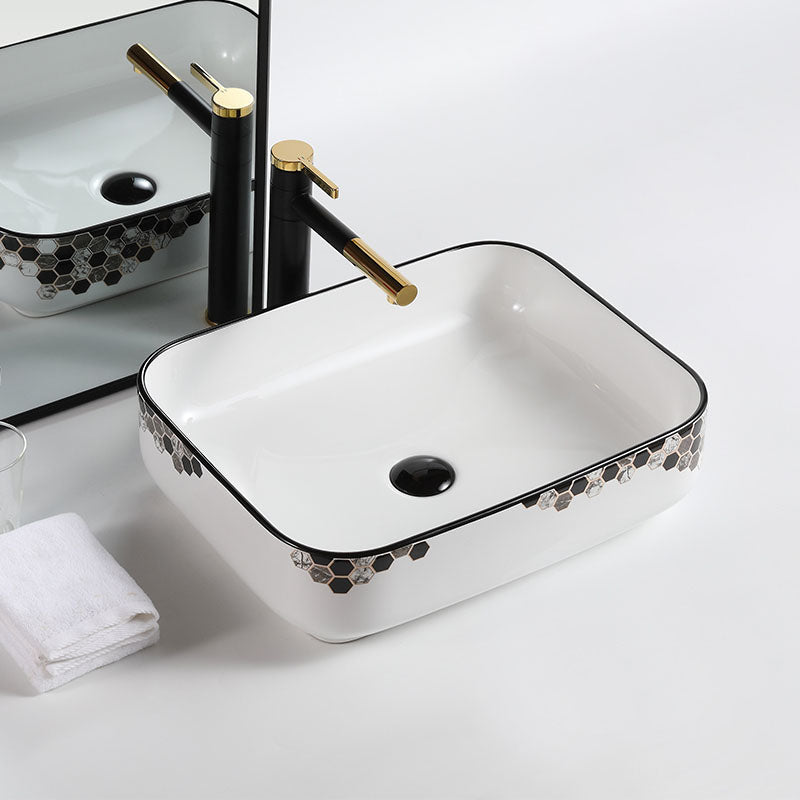 Modern Vessel Bathroom Sink Rectangular Porcelain with Pop-Up Drain Vessel Lavatory Sink