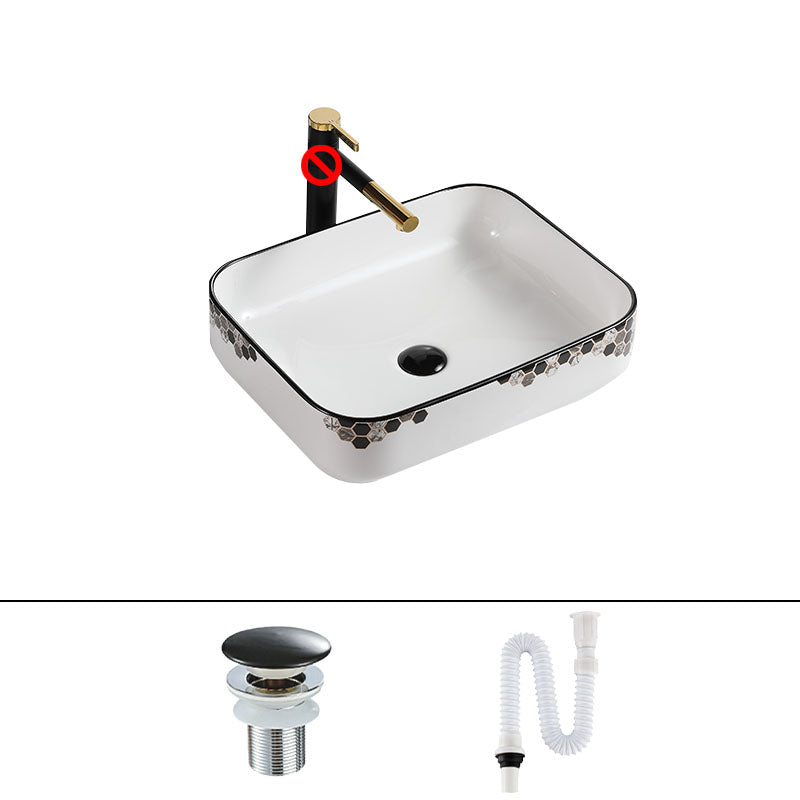 Modern Vessel Bathroom Sink Rectangular Porcelain with Pop-Up Drain Vessel Lavatory Sink