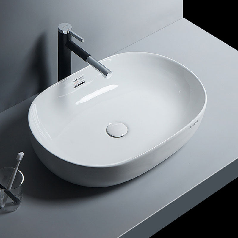 White Vessel Sink Faucet Porcelain Bathroom Sink with Pop-Up Drain