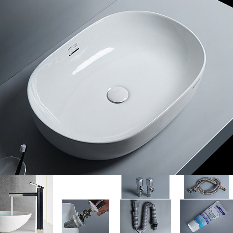 White Vessel Sink Faucet Porcelain Bathroom Sink with Pop-Up Drain