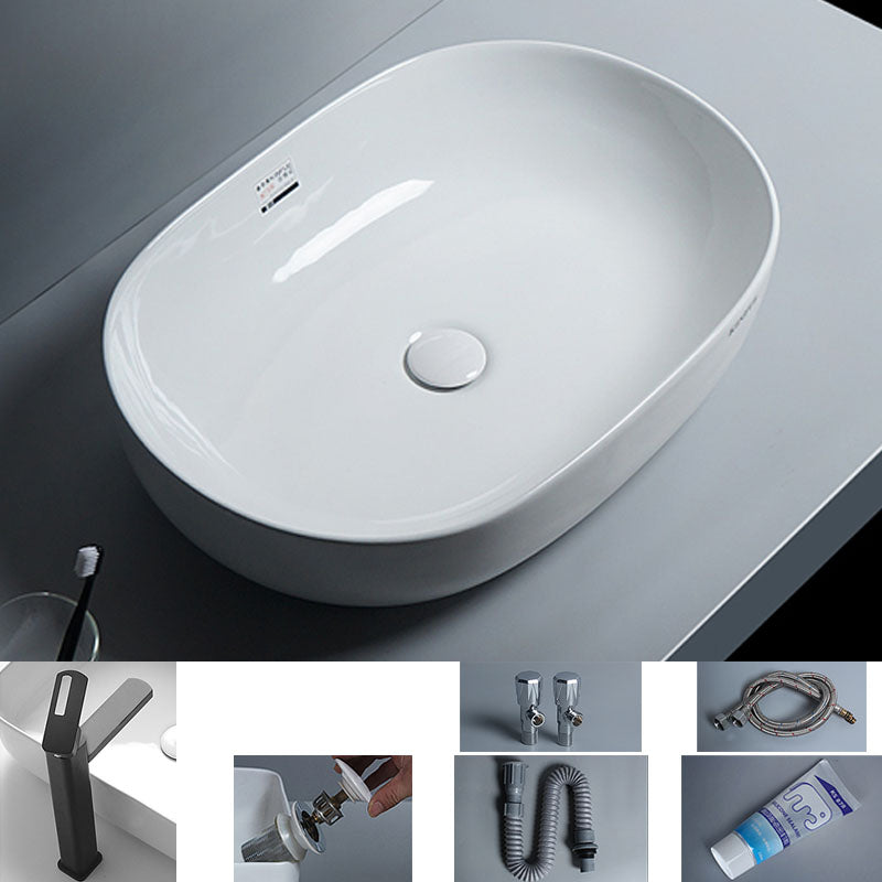 White Vessel Sink Faucet Porcelain Bathroom Sink with Pop-Up Drain