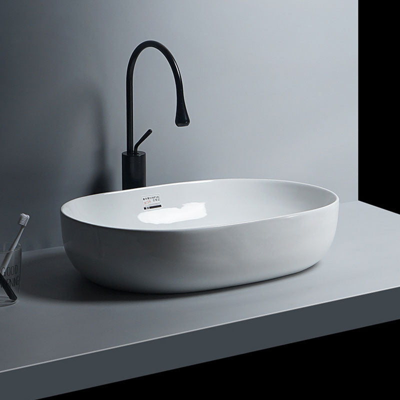 White Vessel Sink Faucet Porcelain Bathroom Sink with Pop-Up Drain