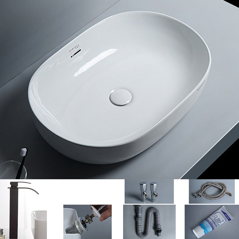 White Vessel Sink Faucet Porcelain Bathroom Sink with Pop-Up Drain