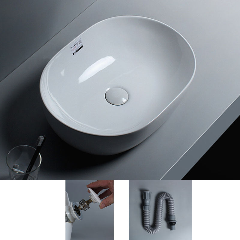 White Vessel Sink Faucet Porcelain Bathroom Sink with Pop-Up Drain