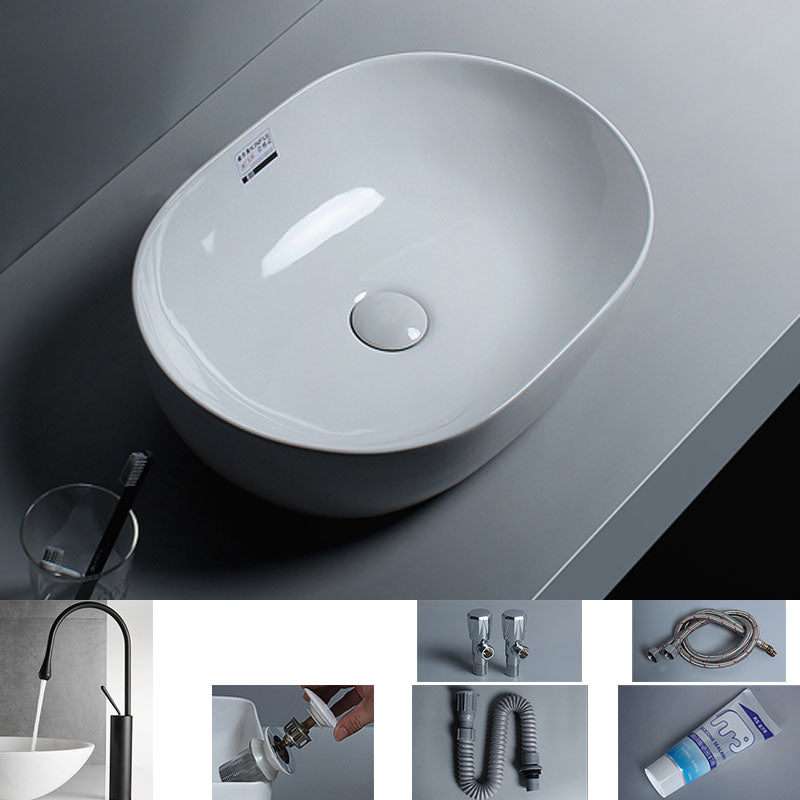 White Vessel Sink Faucet Porcelain Bathroom Sink with Pop-Up Drain