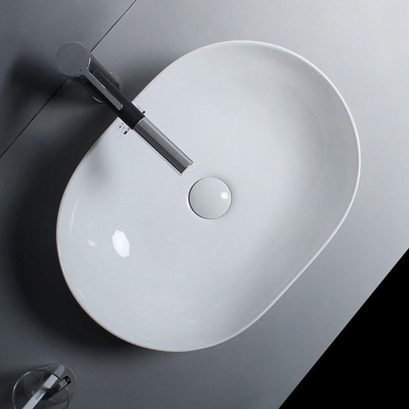 White Vessel Sink Faucet Porcelain Bathroom Sink with Pop-Up Drain