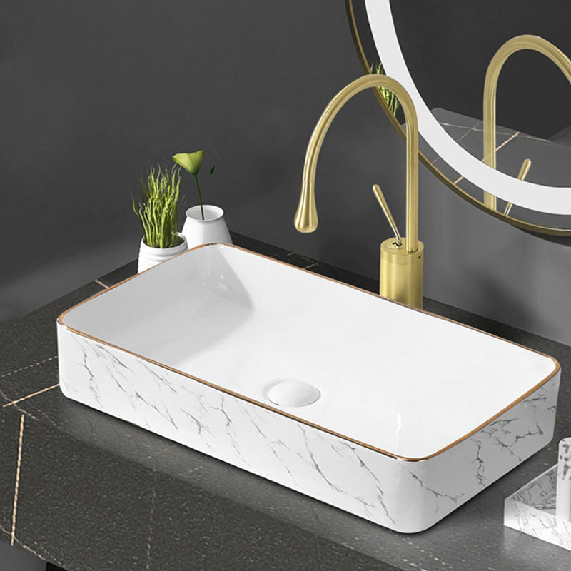 Modern Vessel Lavatory Sink Rectangular Porcelain Shut-Off Valve Included Bathroom Sink