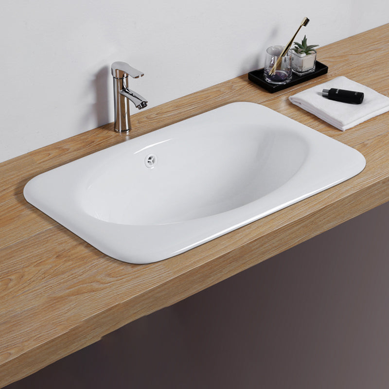 White Rectangular Bathroom Sink with Overflow Porcelain Drop-in Sink