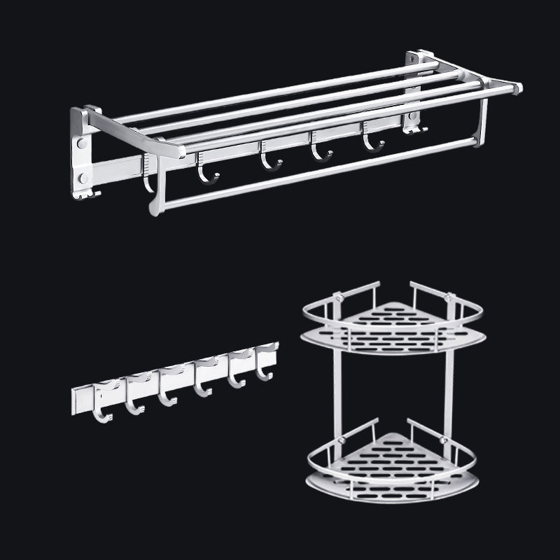 Contemporary Silver Metal Bathroom Accessory Kit with Towel Bar