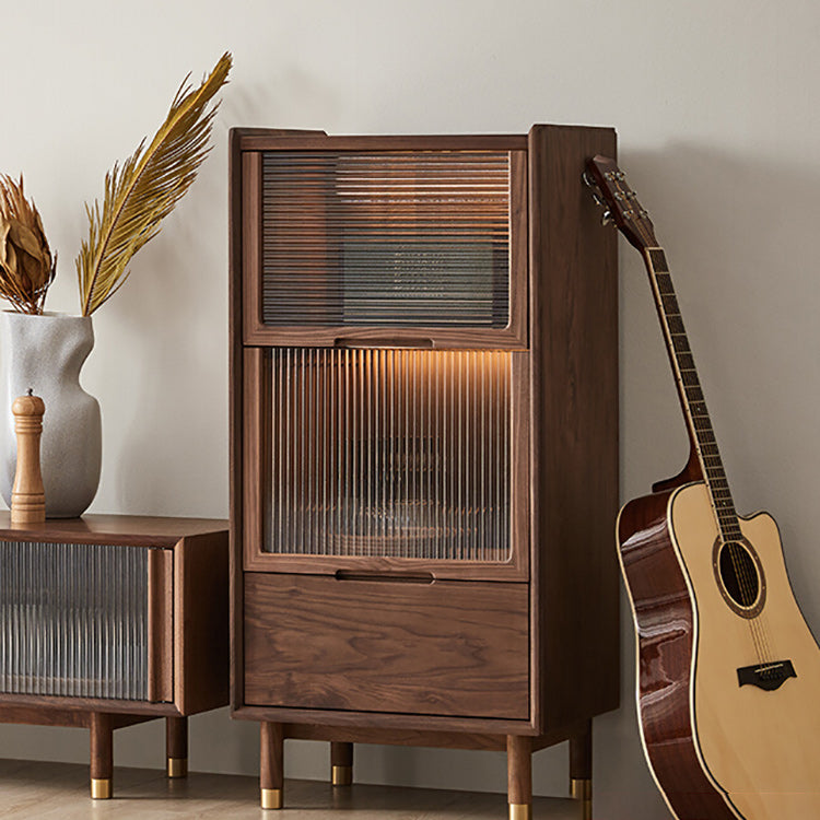 Walnut Glass Paned Accent Cabinet Mi-Century Modern 41.3" Tall Chest with Drawer