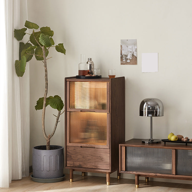Walnut Glass Paned Accent Cabinet Mi-Century Modern 41.3" Tall Chest with Drawer
