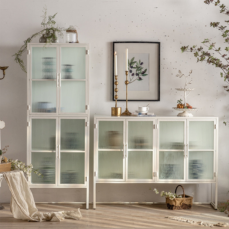 Industrial Metal Cabinet in White Distressed Chest with Glass Paned