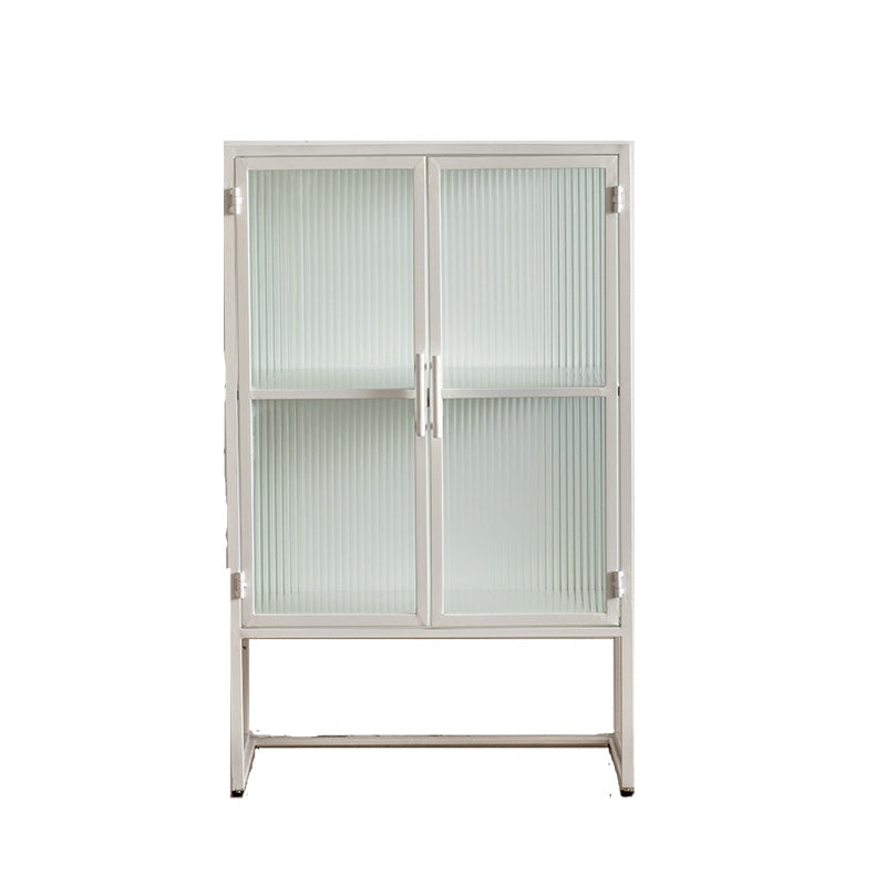 Industrial Metal Cabinet in White Distressed Chest with Glass Paned