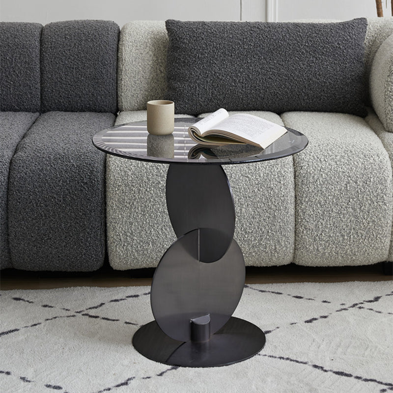 Contemporary Glass Round Top Side Table Metal Pedestal End Table