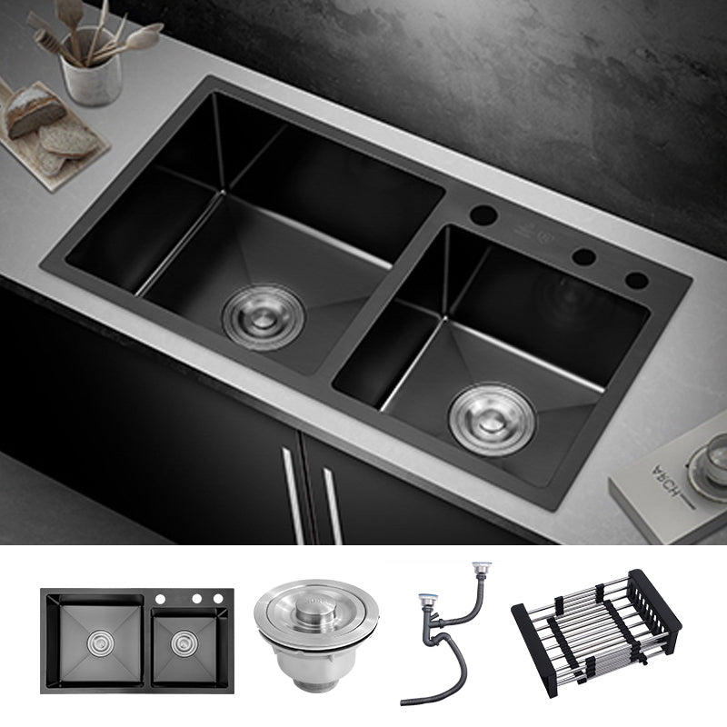 Kitchen Double Sink Stainless Steel Drop-In Kitchen Sink in Black