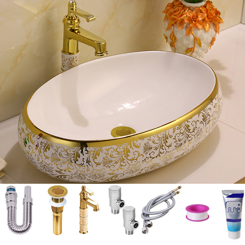 Glam Vessel Lavatory Sink Oval Porcelain with Faucet Vessel Sink