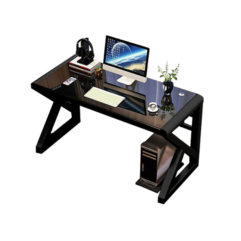 Glass Top Computer Desk Antique Finish Gaming Desk with Metal Legs