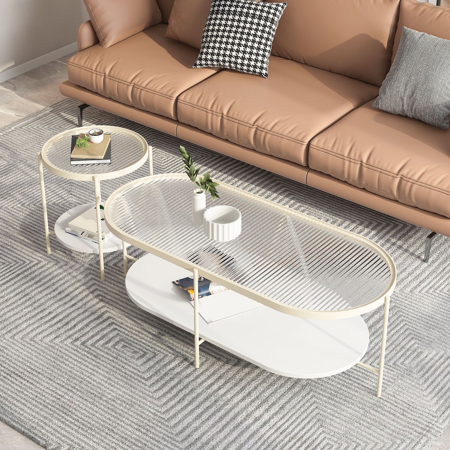 4 Legs Metal Coffee Table Shelf Included Oval Glass Top Cocktail Table