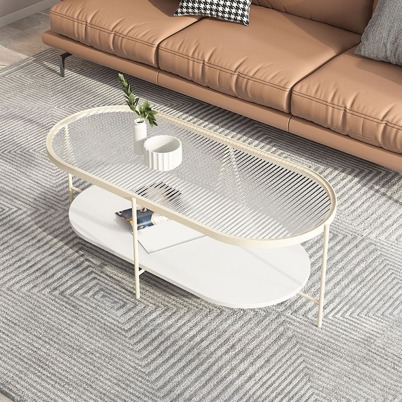 4 Legs Metal Coffee Table Shelf Included Oval Glass Top Cocktail Table