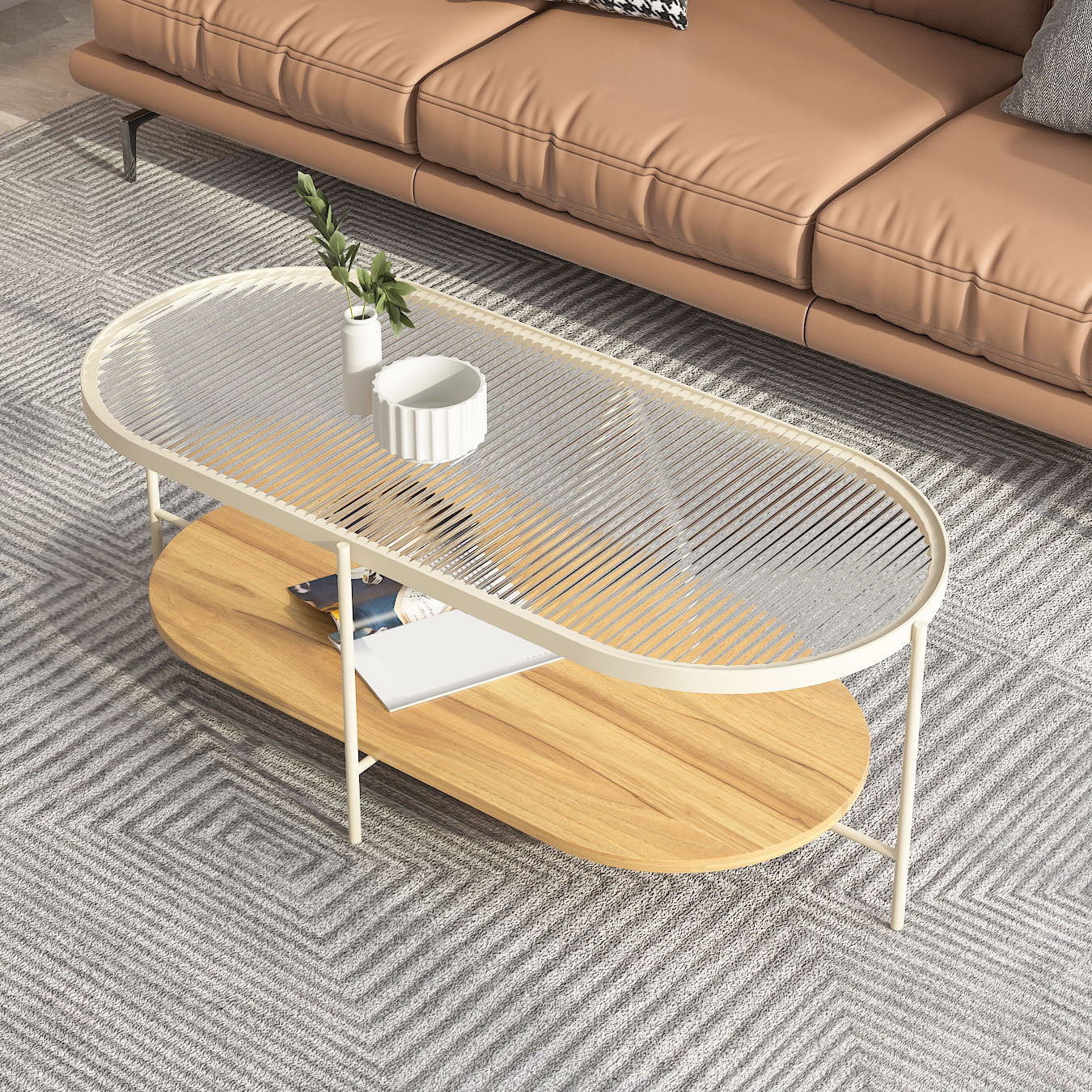 4 Legs Metal Coffee Table Shelf Included Oval Glass Top Cocktail Table