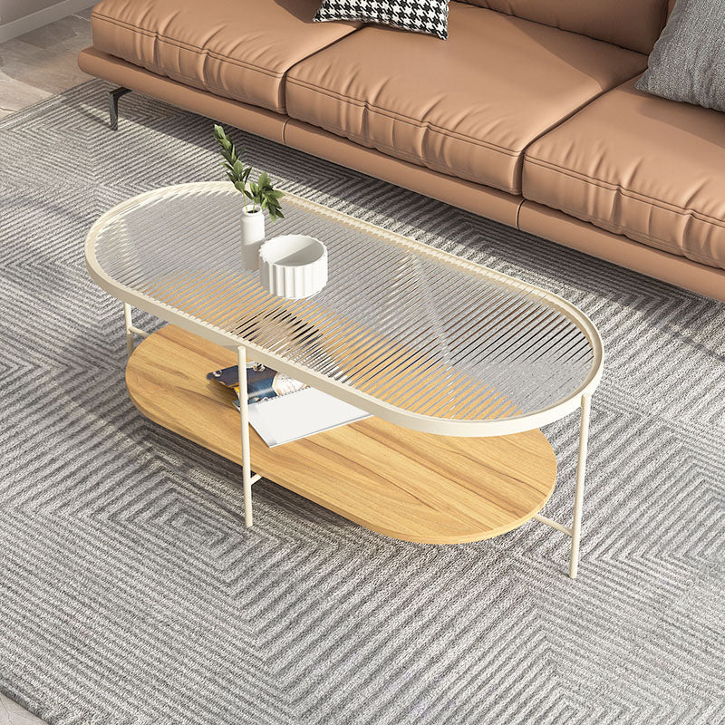 4 Legs Metal Coffee Table Shelf Included Oval Glass Top Cocktail Table