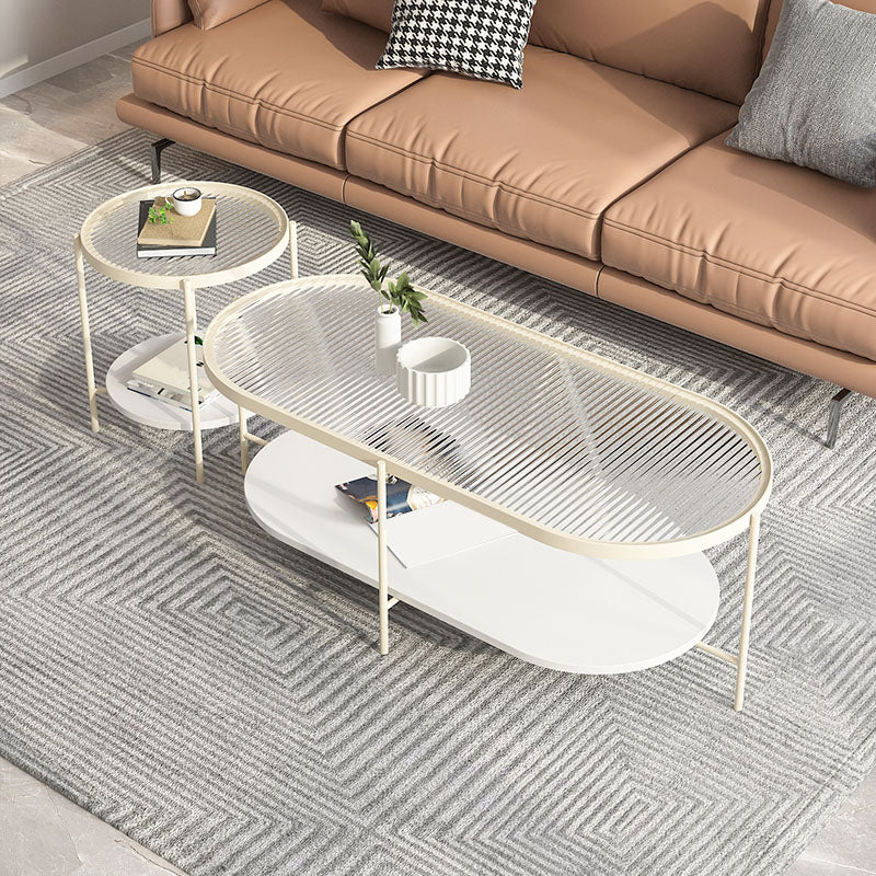 4 Legs Metal Coffee Table Shelf Included Oval Glass Top Cocktail Table