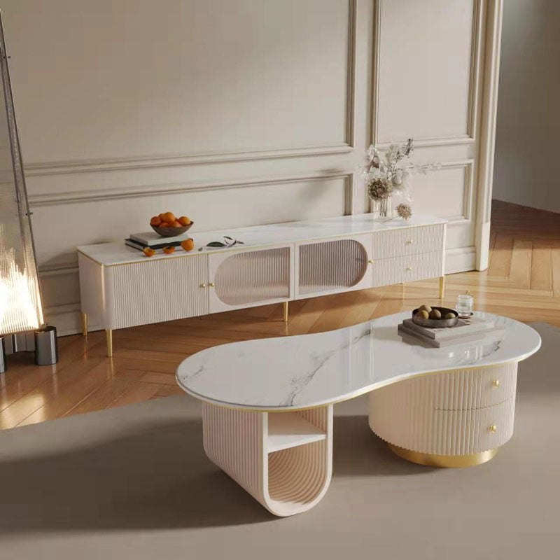 Modern Geometric Coffee Table with Drawer Stone Top Cocktail Table