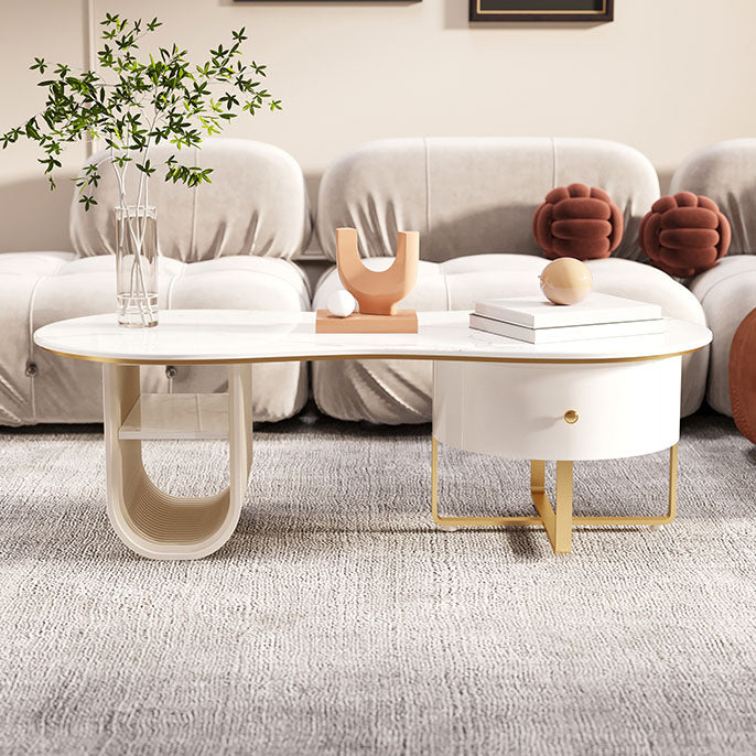 Modern Geometric Coffee Table with Drawer Stone Top Cocktail Table
