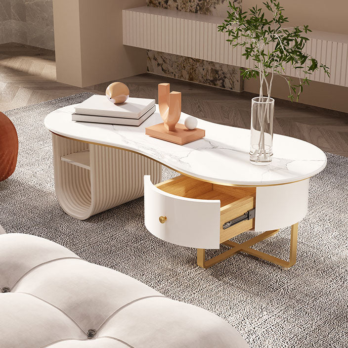 Modern Geometric Coffee Table with Drawer Stone Top Cocktail Table