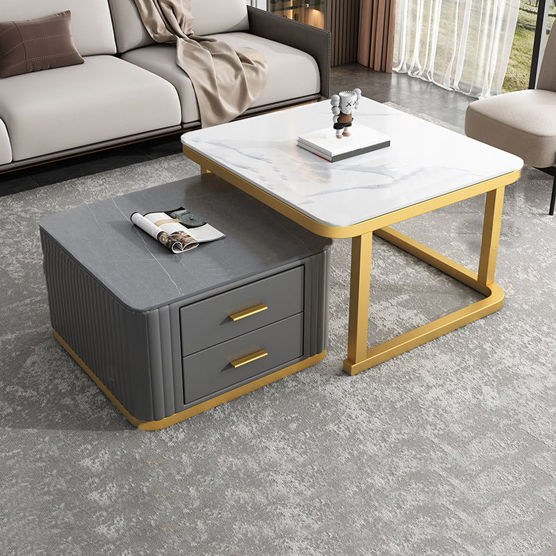 Modern Square Stone Coffee Table with Drawers 2 Nesting Cocktail Table Set